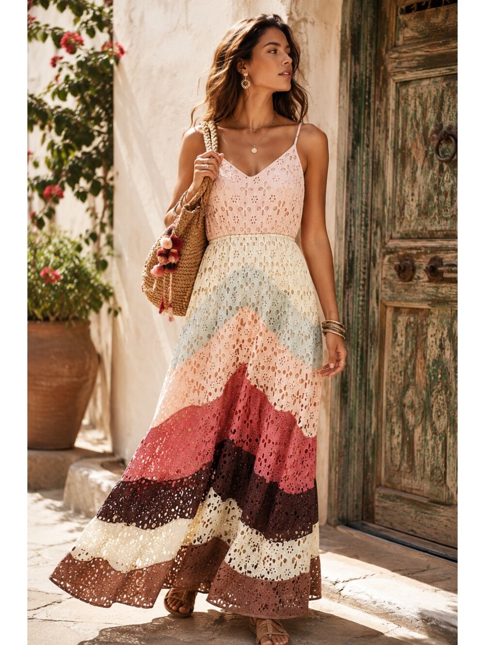 Raga Anthropologie Eyelet Colorblock Maxi Dress Boho Embroidered Small